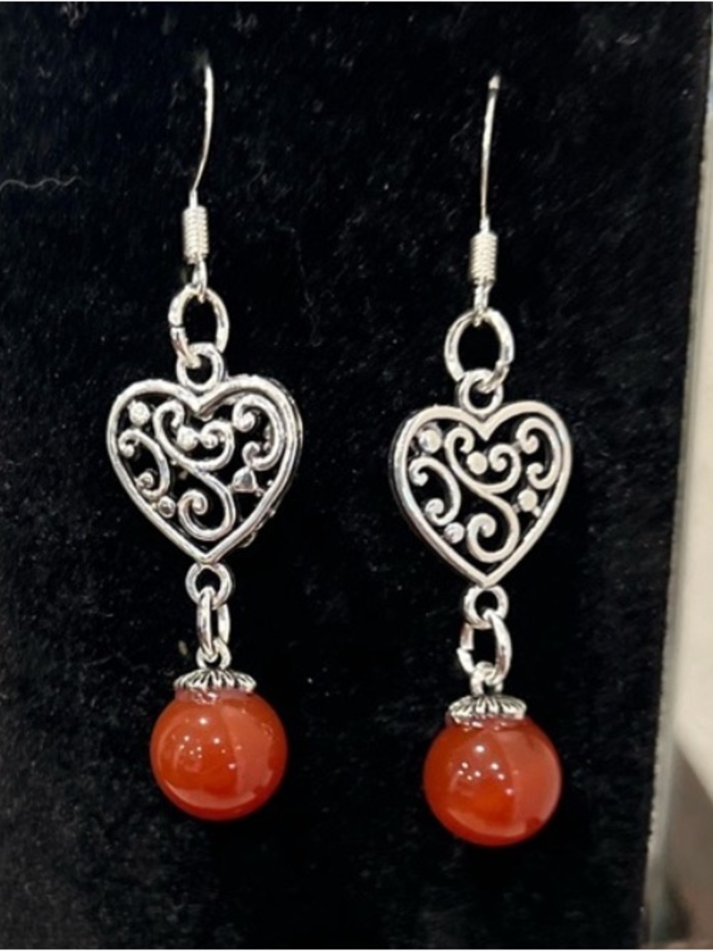 NWOT - Elegant Silver Heart Drop Earrings with Red Accents